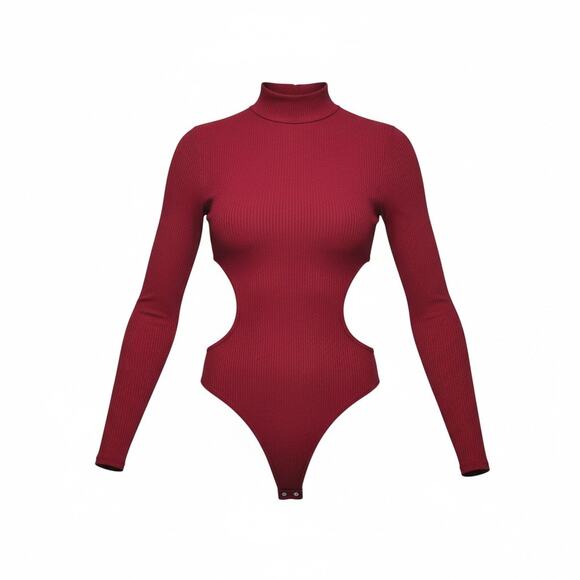 Lulus Wine- Red Ribbed Cut-Out Mock Neck Bodysuit Size XS - Picture 3 of 8